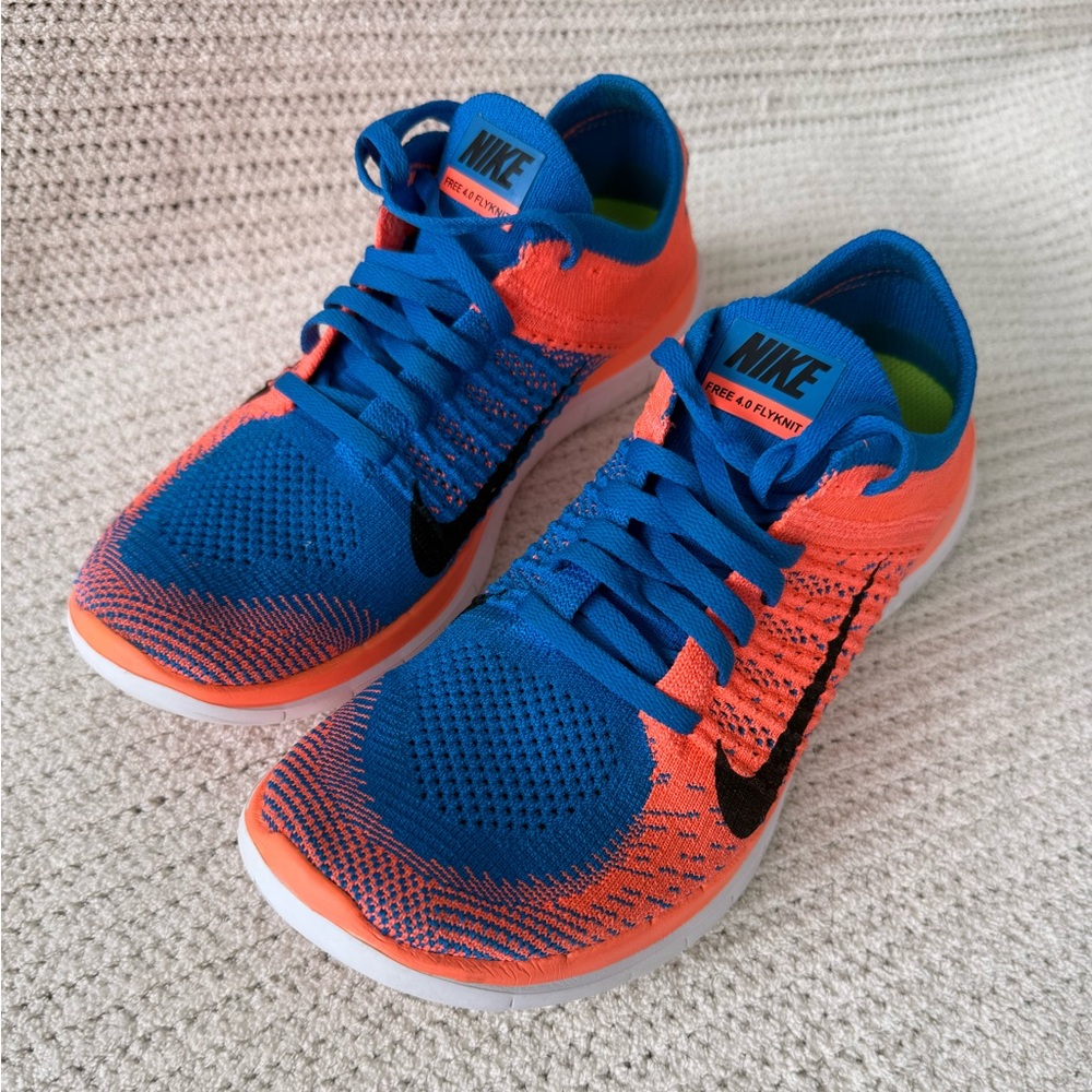 Nike Flyknit Sneakers Women’s 8 Blue Orange Volt Lightweight Running Shoes